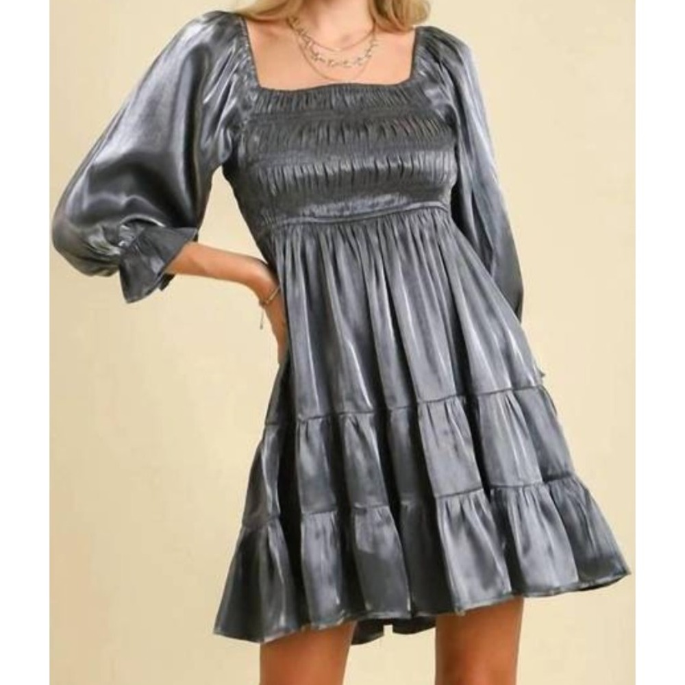 Umgee Babydoll Dress Women S Metallic Gray Puff Sleeve Feminine Party Glam